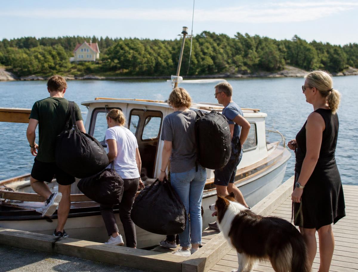 Passagerare med väskor och hund går ombord vid en brygga
